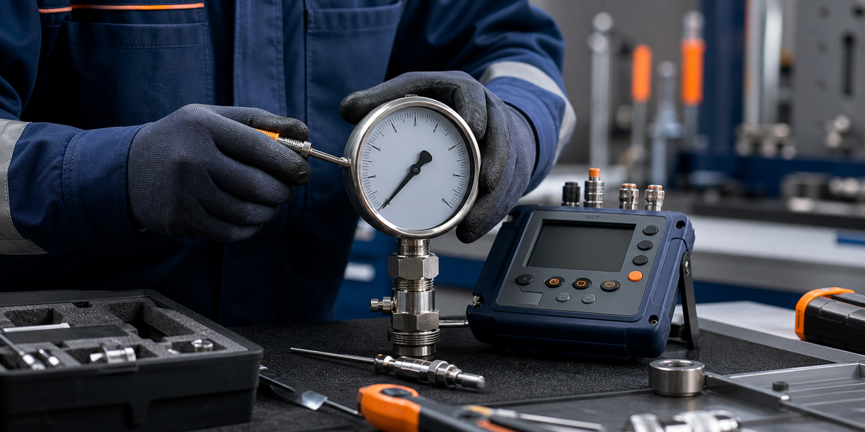 Técnico realizando manutenção preventiva em manômetro e instrumento de medição
